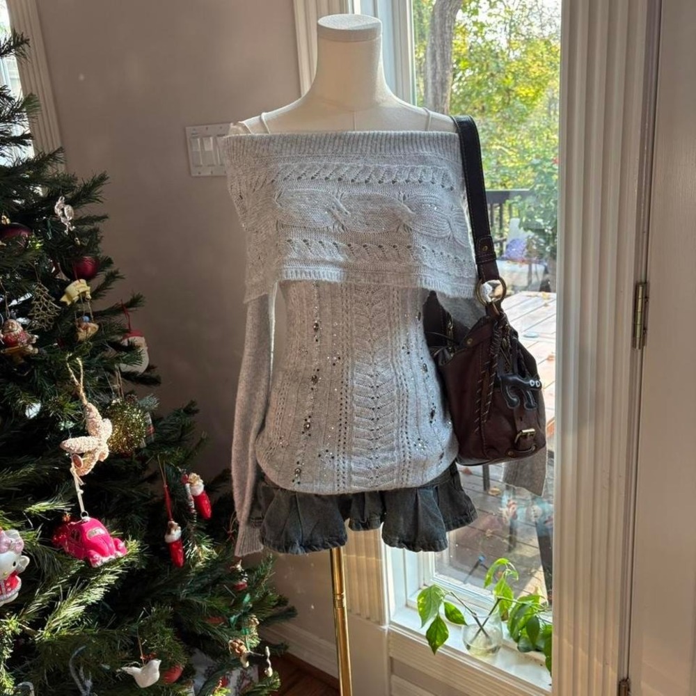 Soft gray off-shoulder knit sweater with cable + rhinestone details ♡